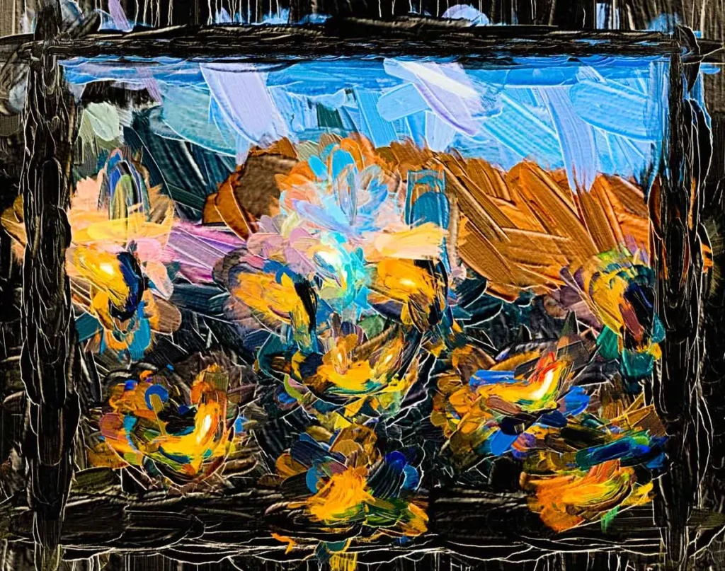 An abstract painting featuring vibrant yellow and blue flowers against a textured dark frame and a sky blue background