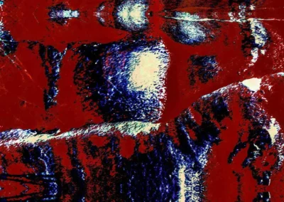 An abstract artwork featuring bold red, blue, and white colors creating dynamic patterns and textures, evoking movement and emotion