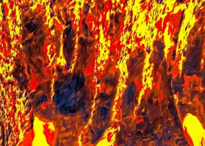 An abstract depiction of fiery colors—reds, oranges, and yellows—blending with dark hues, resembling molten lava or a molten landscape